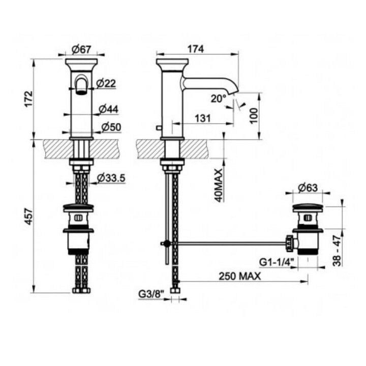 Bateria umywalkowa 17,2 cm z korkiem automatycznym GESSI ORIGINI chrom 66001