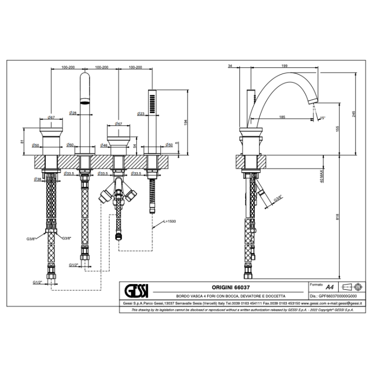 Bateria wannowa czterootworowa GESSI ORIGINI chrom 66037031