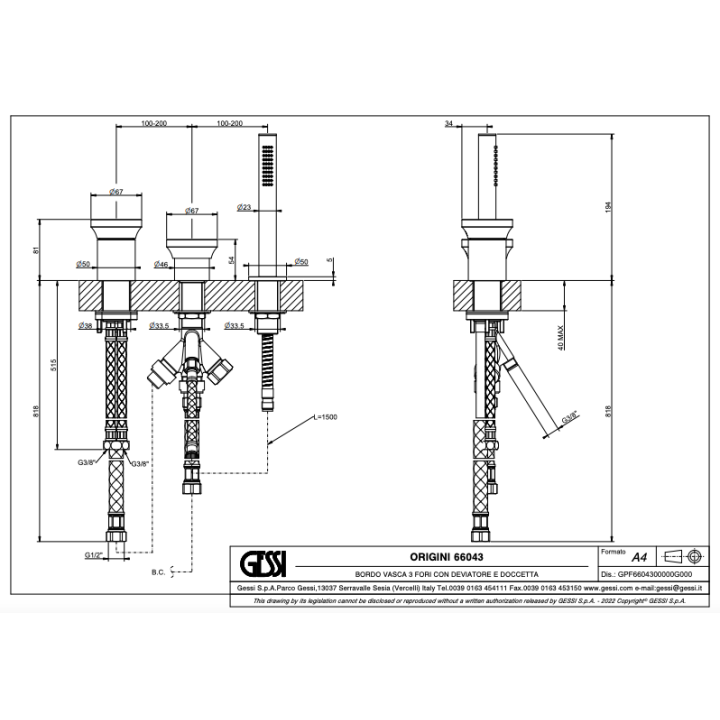 Bateria wannowa z zestawem natryskowym GESSI ORIGINI chrom 66043031