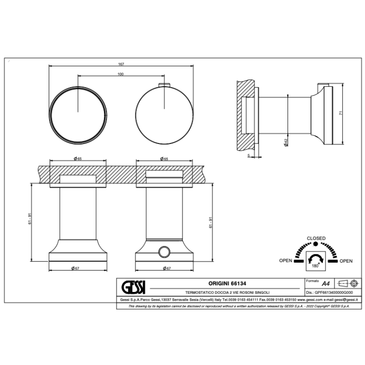 Bateria natryskowa termostatyczna 2-drożna GESSI ORIGINI chrom 66134031
