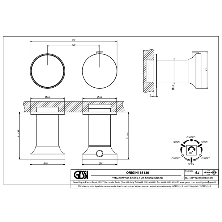 Bateria natryskowa termostatyczna trójdrożna GESSI ORIGINI chrom 66136031