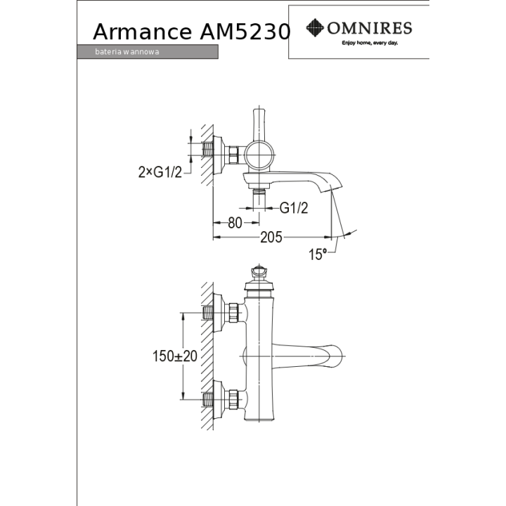 Bateria wannowa Omnires Armance mosiądz szczotkowany AM5230BSB