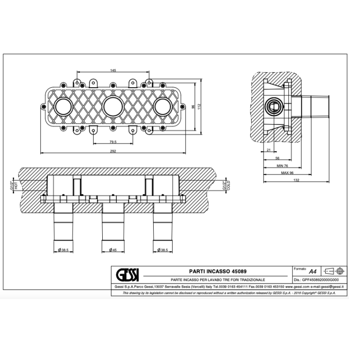 Element podtynkowy do trzyotworowej baterii umywalkowej GESSI chrom 45089031