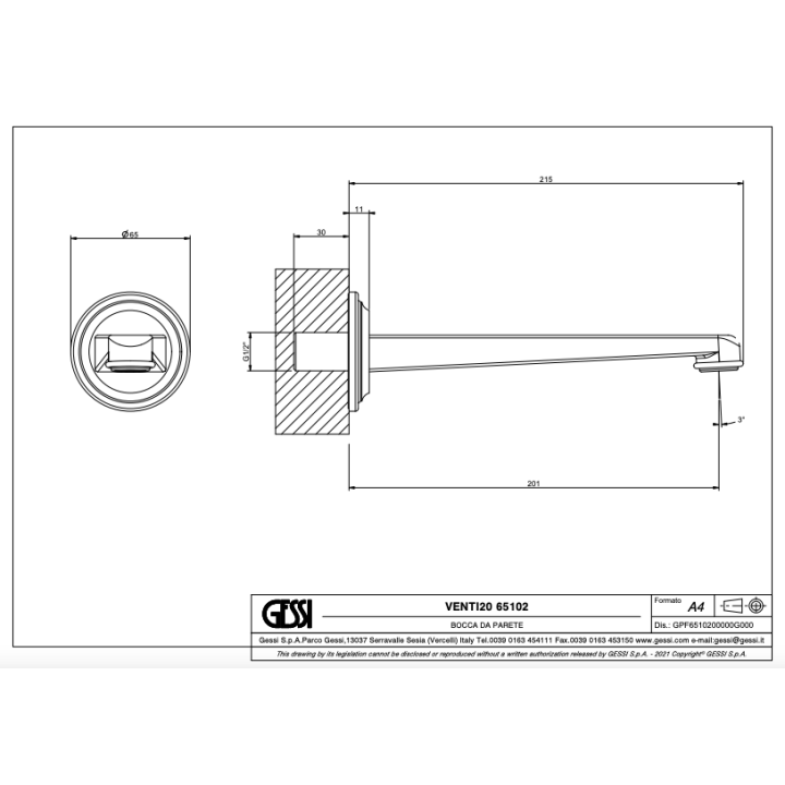 Wylewka ścienna 215 mm GESSI VENTI20 chrom 65102031