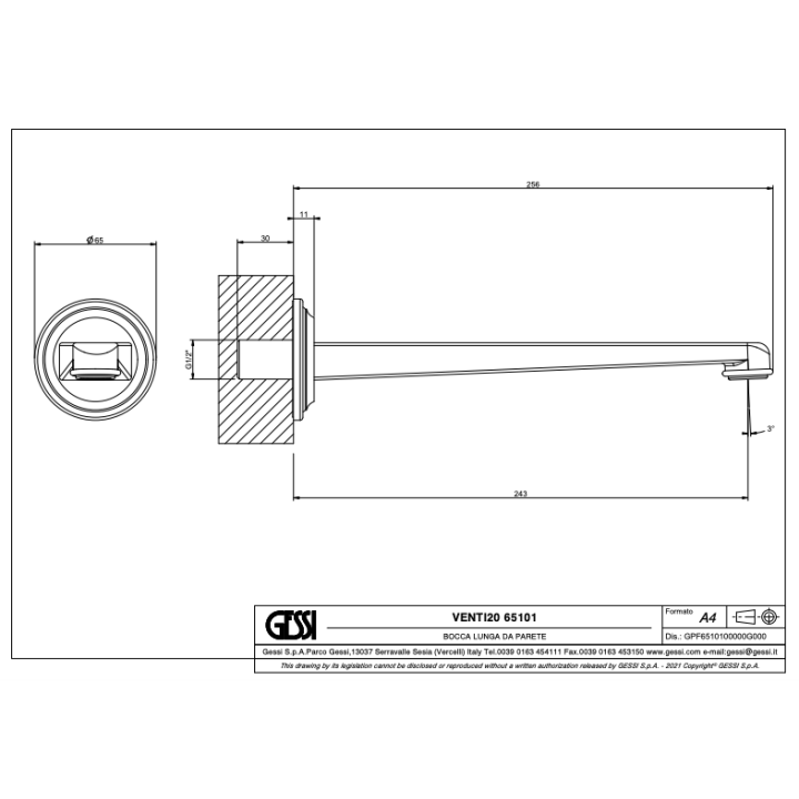 Wylewka ścienna 256 mm GESSI VENTI20 chrom 65101031