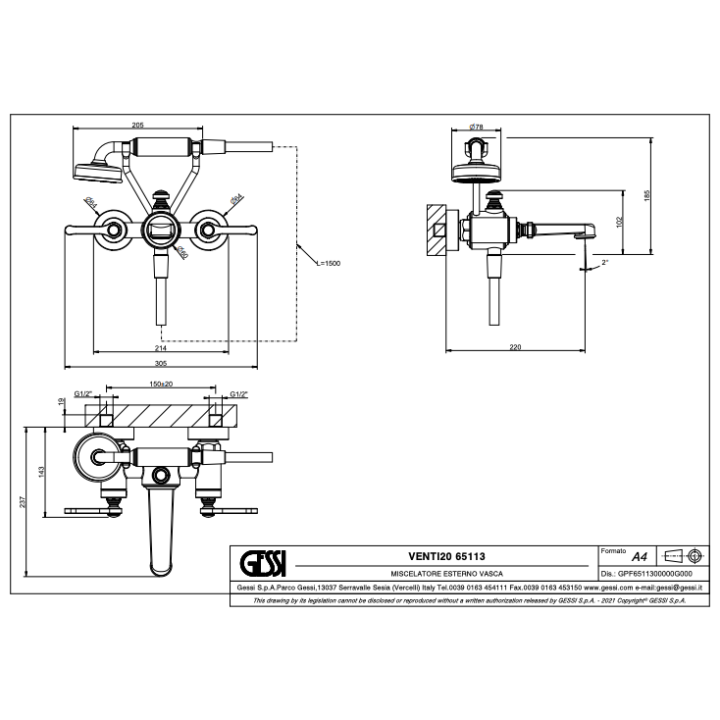Bateria wannowa ścienna GESSI VENTI20 chrom 65113031