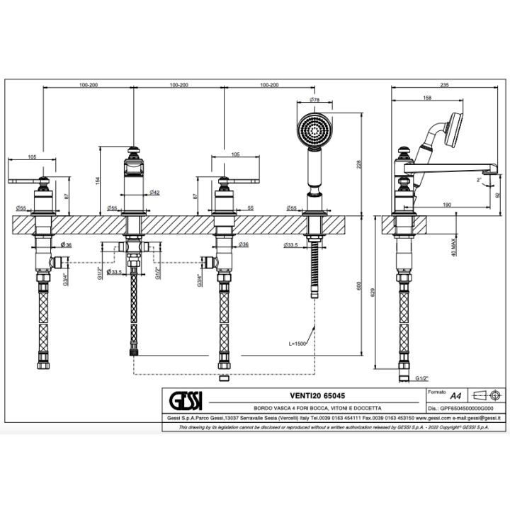 Bateria wannowa 4-otworowa GESSI VENTI20 chrom 65045031
