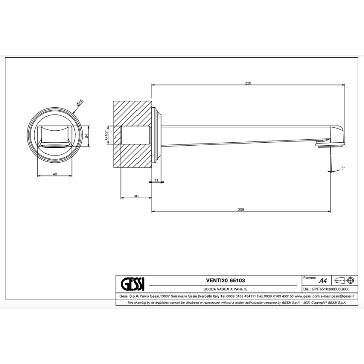 Wylewka ścienna 226 mm GESSI VENTI20 chrom 65103031