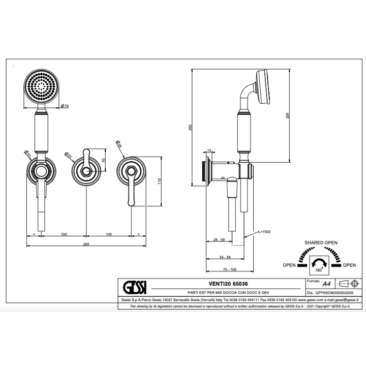 Bateria natryskowa ścienna GESSI VENTI20 chrom 65036031