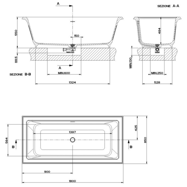 Wanna wolnostojąca 180x85 cm GESSI VENTI20 biały mat 46715521
