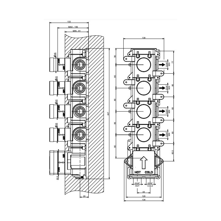 Element podtynkowy do baterii termostatycznej 4-drożnej GESSI ANELLO chrom 43107031
