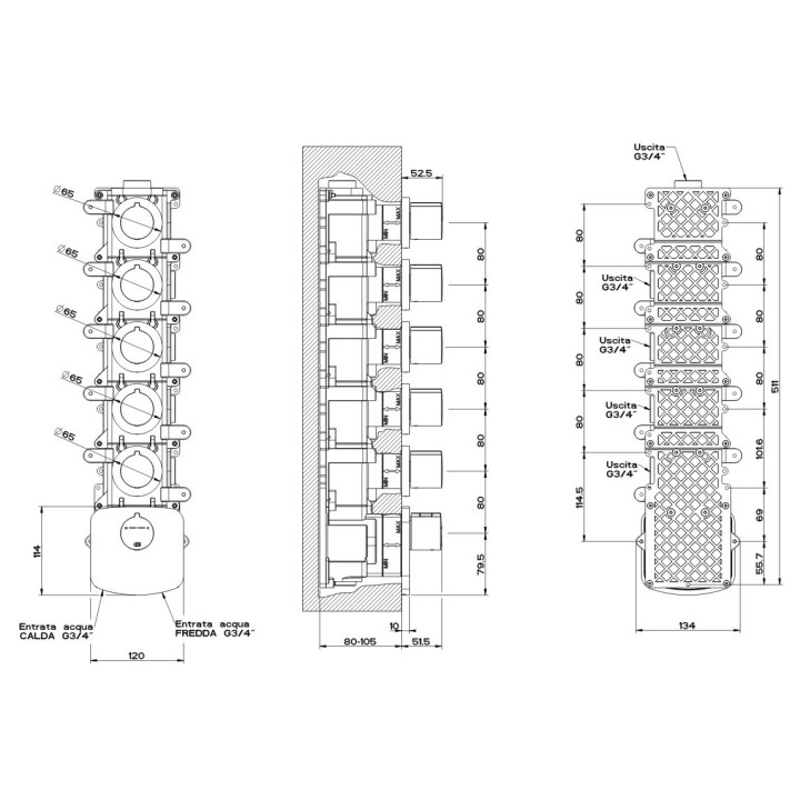 Bateria podtynkowa termostatyczna 5-drożna GESSI ANELLO chrom 43240031