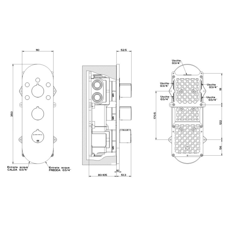 Bateria podtynkowa termostatyczna 5-drożna GESSI ANELLO chrom 43072031