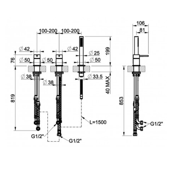Bateria wannowa 3-otworowa GESSI 316 stal szczotkowana 54043239