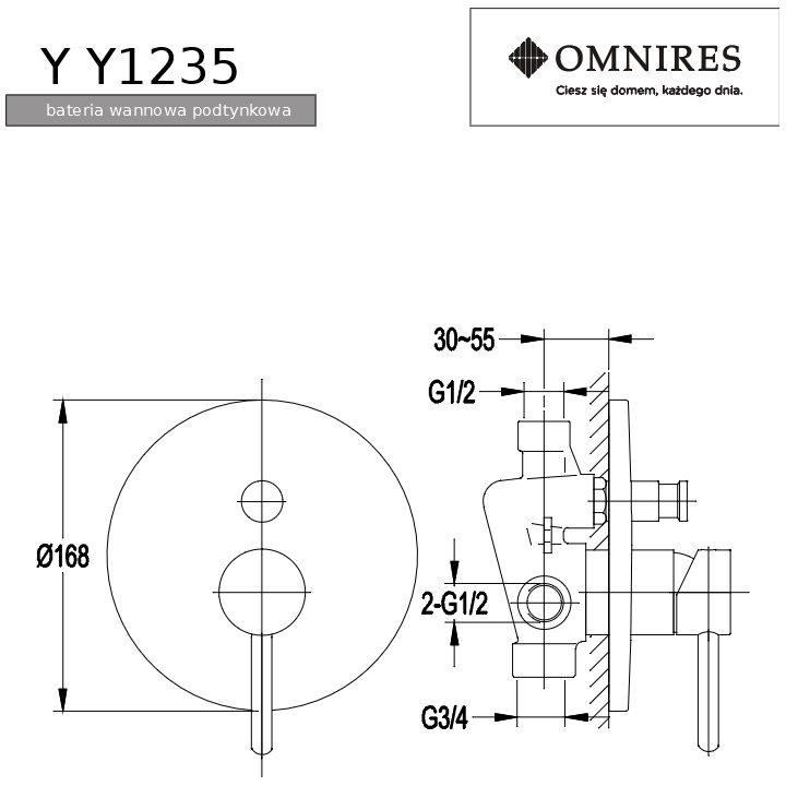 Bateria wannowa Omnires Y podtynkowa grafit Y1235GR