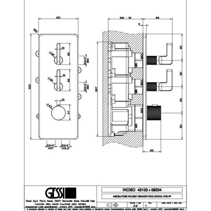 Bateria natryskowa termostatyczna 2-drożna GESSI INCISO+ chrom 58204031