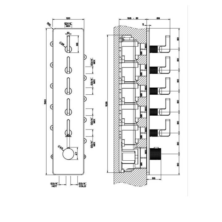 Bateria natryskowa termostatyczna 5-drożna GESSI INCISO+ chrom 58210031