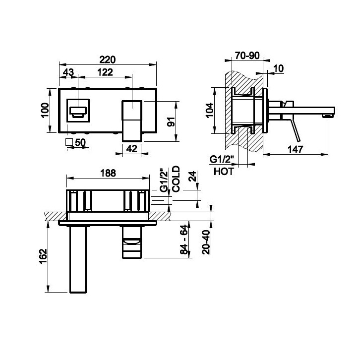 Bateria umywalkowa z wylewką 16,2 cm GESSI RETTANGOLO K chrom 53089031