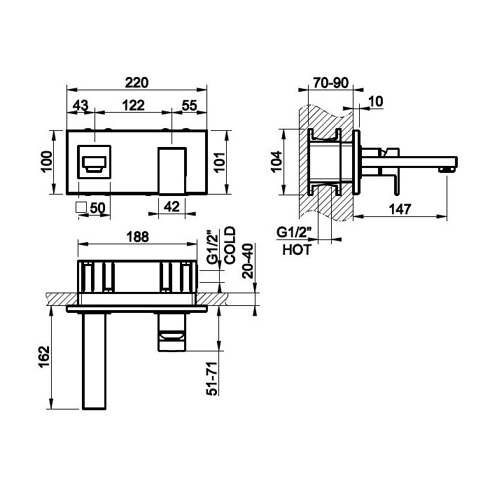 Bateria umywalkowa podtynkowa z wylewką 16,2 cm GESSI RETTANGOLO chrom 44840031