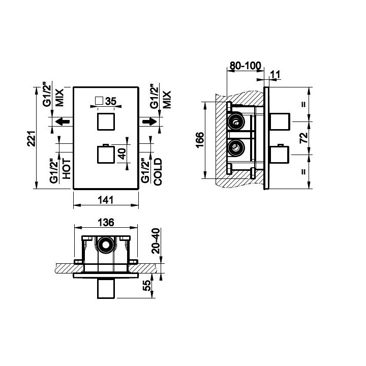 Bateria natryskowa termostatyczna 2-drożna GESSI RETTANGOLO chrom 20184031