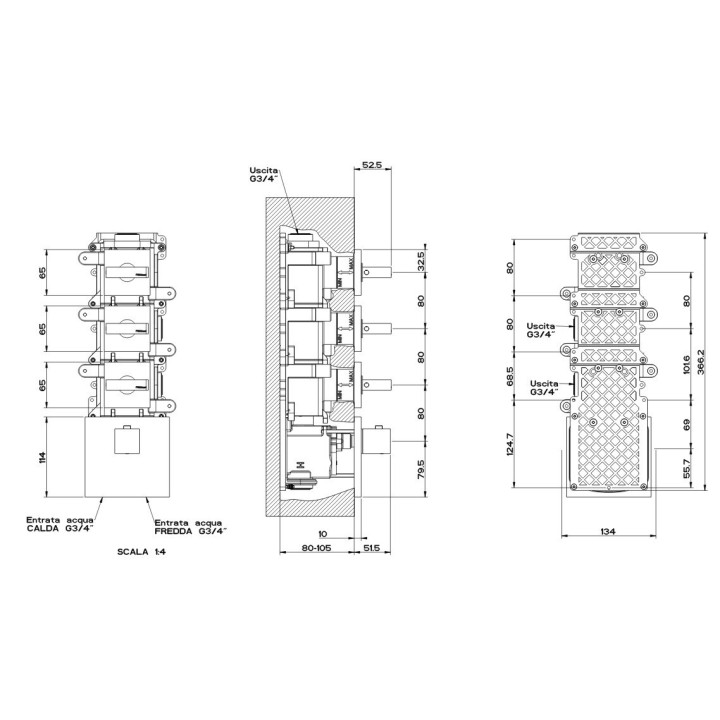 Bateria natryskowa termostatyczna 3-drożna GESSI RETTANGOLO chrom 43216031