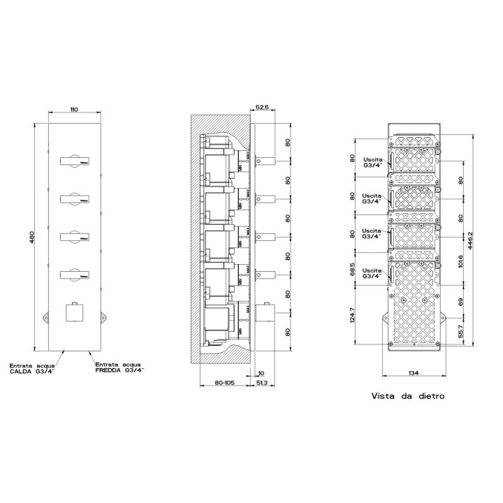 Bateria natryskowa termostatyczna 4-drożna GESSI RETTANGOLO chrom 43028031