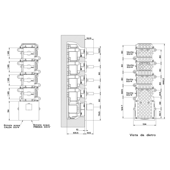Bateria natryskowa termostatyczna 4-drożna GESSI RETTANGOLO chrom 43218031