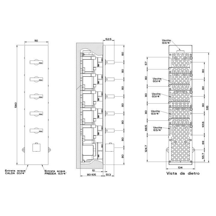 Bateria natryskowa termostatyczna 5-drożna GESSI RETTANGOLO chrom 43030031