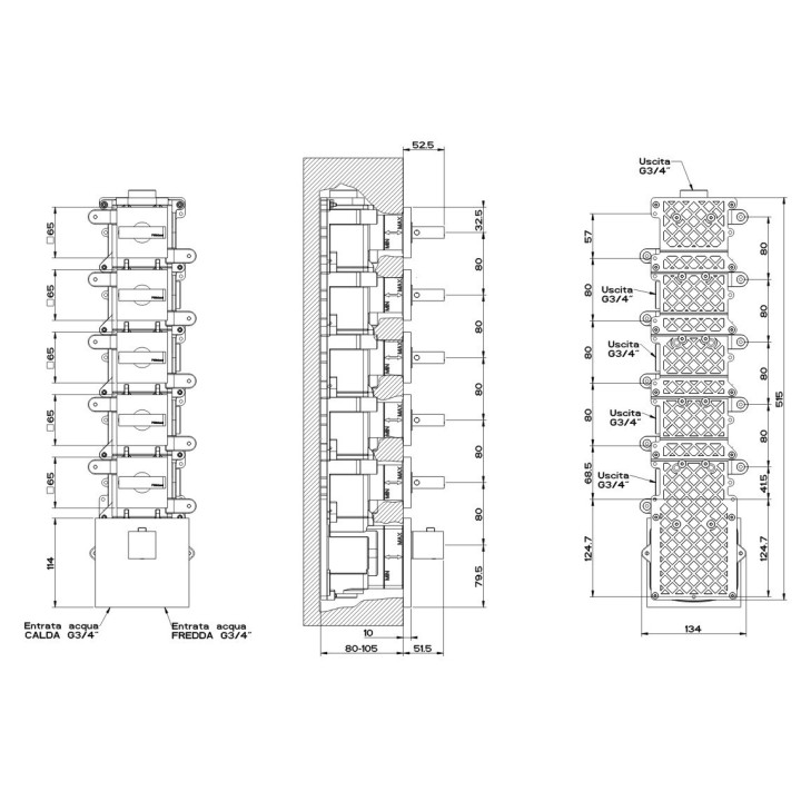 Bateria natryskowa termostatyczna 5-drożna GESSI RETTANGOLO chrom 43220031