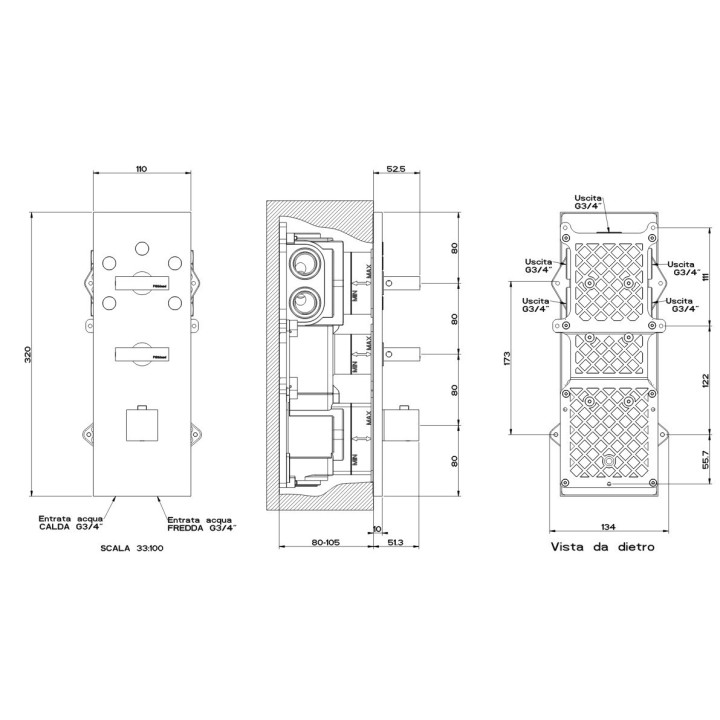 Bateria natryskowa termostatyczna 5-drożna GESSI RETTANGOLO chrom 43032031
