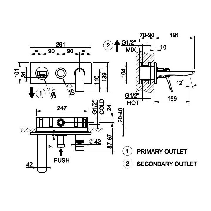 Bateria wannowa podtynkowa 2-drożna GESSI RILIEVO chrom 59138031