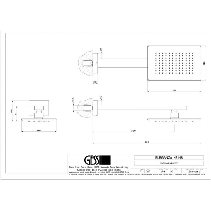 Deszczownica ścienna 21,6x14 cm GESSI ELEGANZA chrom 46148031