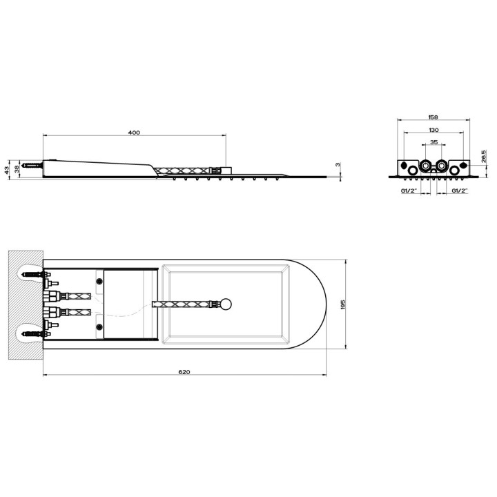 Deszczownica ścienna 62x19,5 cm GESSI TREMILLIMETRI z funkcją waterfall stal szczotkowana 33053239