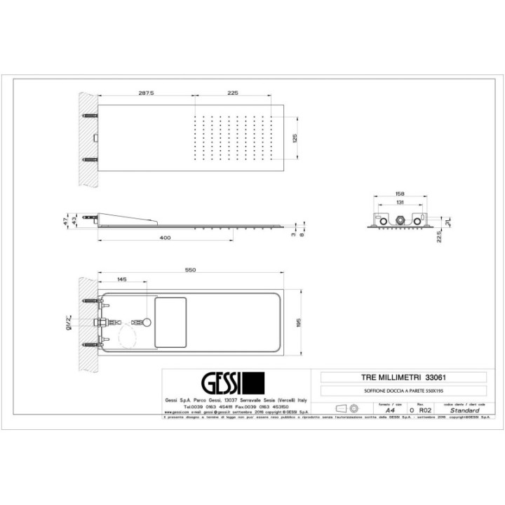 Deszczownica ścienna 55x19,5 cm GESSI TREMILLIMETRI stal szczotkowana 33061239