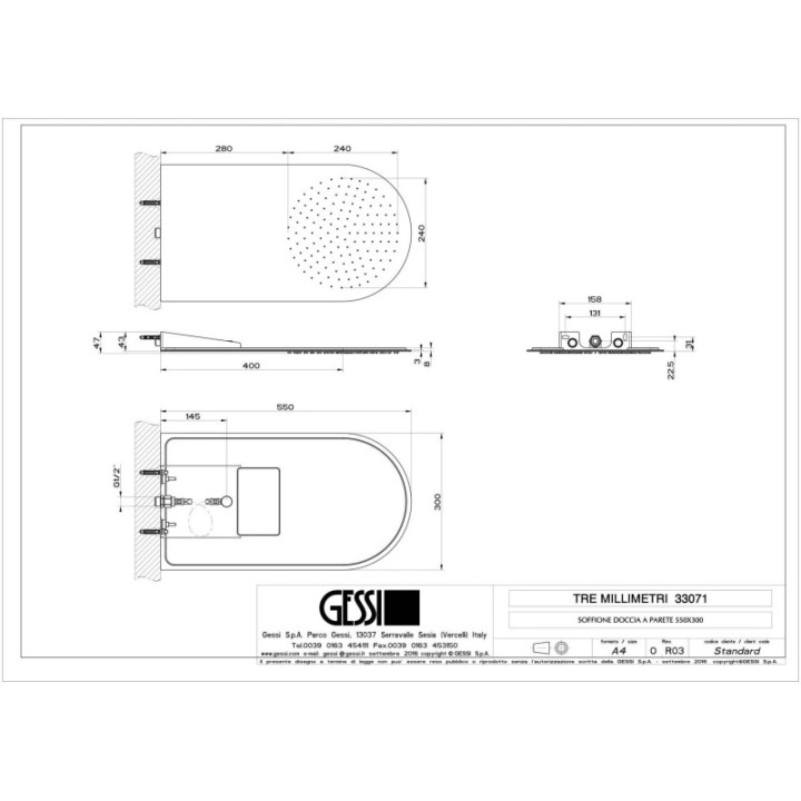 Deszczownica ścienna 55x30 cm GESSI TREMILLIMETRI stal szczotkowana 33071239