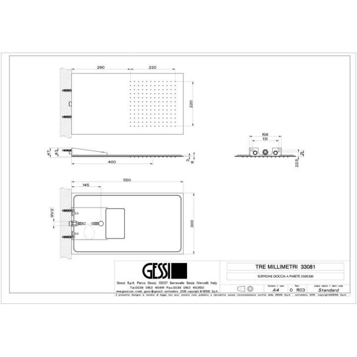 Deszczownica ścienna 55x30 cm GESSI TREMILLIMETRI stal szczotkowana 33081239