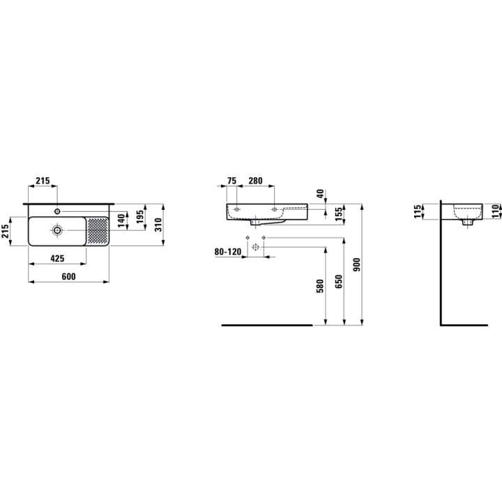Umywalka ścienna compacto Laufen Val 600 x 315 mm bez otw. biała H8152850001091