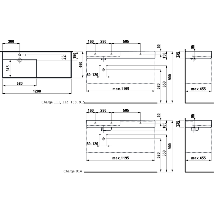 Umywalka ścienna Laufen Kartell 1200 x 460 mm blat po prawej stronie z 3 otw. czarny mat. H8133327161581
