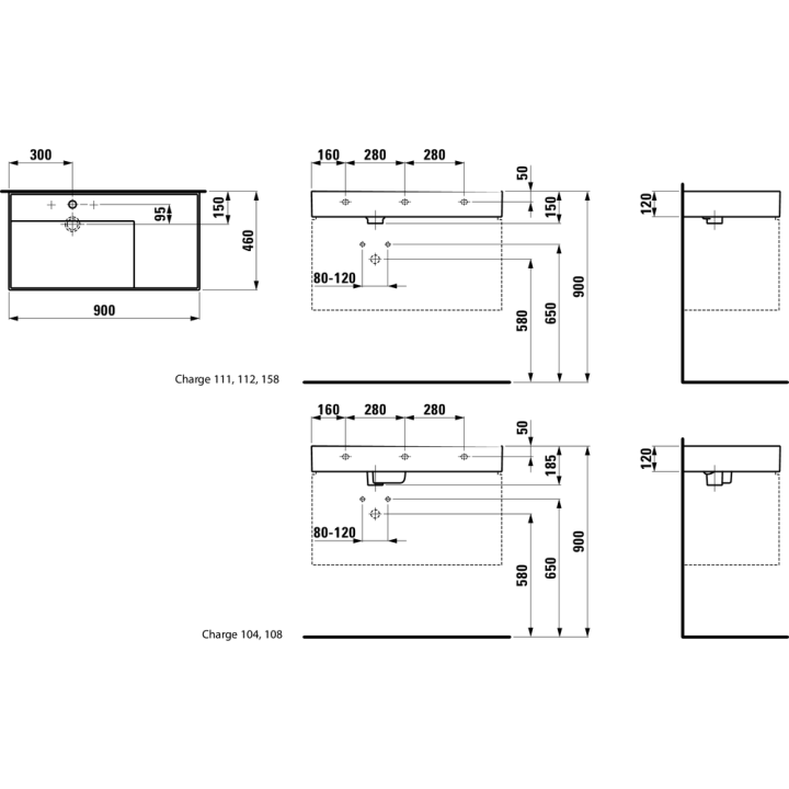 Umywalka ścienna Laufen Kartell 900 x 460 mm blat po prawej stronie z 3 otw. czarny połysk H8103380201581