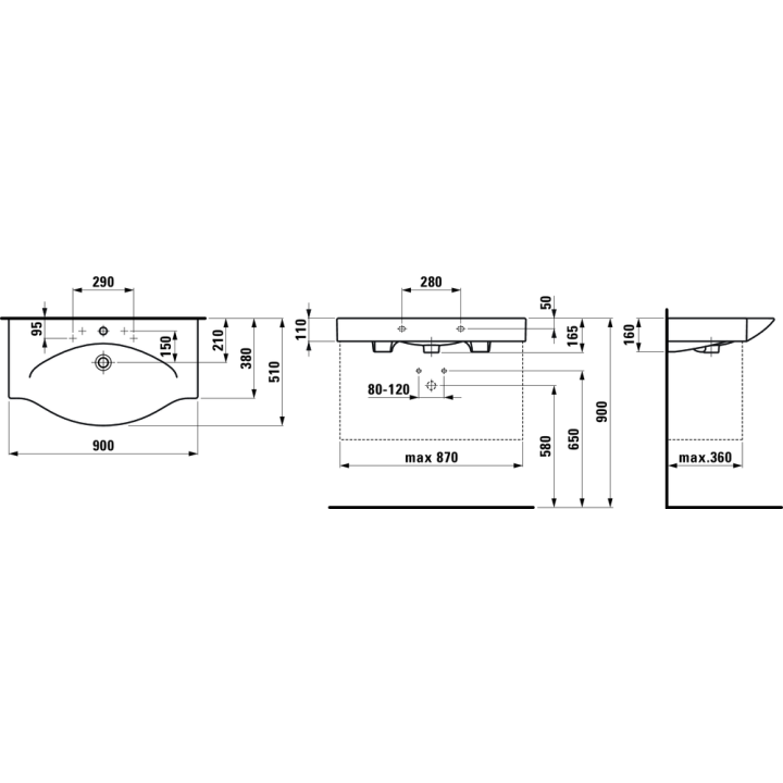 Umywalka ścienna Laufen Palace 900 x 510 mm z 3 otw. biała H8117020001081