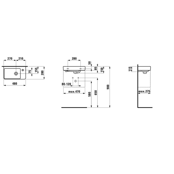 Umywalka ścienna LAUFEN PRO S 480x280 mm z otw. biała H8159544001041