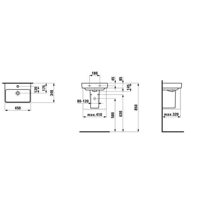 Umywalka ścienna LAUFEN PRO S 450x340 mm z otw. biała H8169614001041
