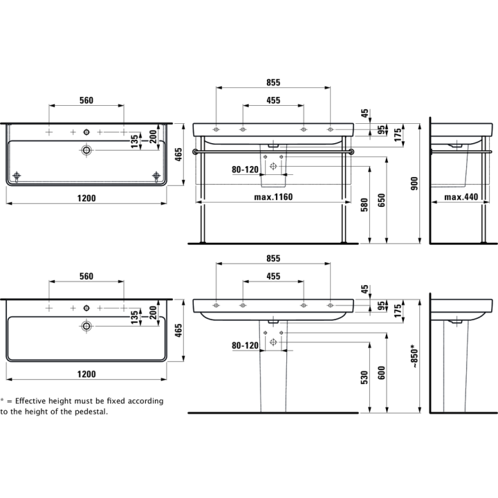 Umywalka ścienna LAUFEN PRO S 1200x460 mm bez otw. biała H8149654001091