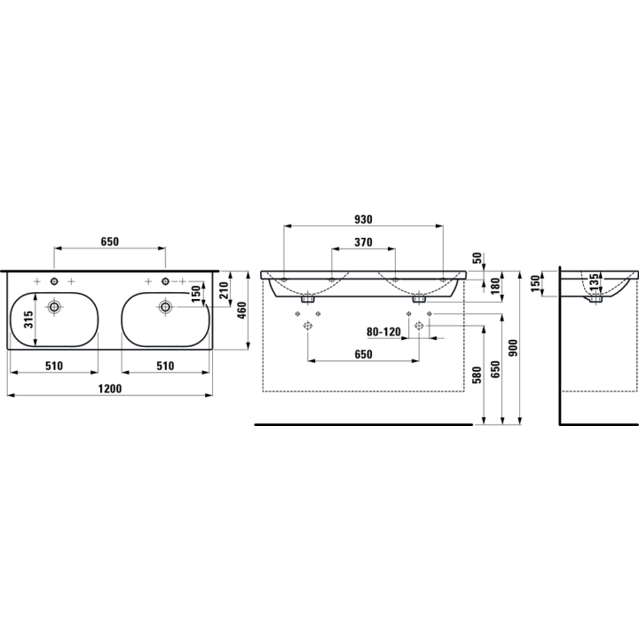 Umywalka ścienna podwójna Laufen Pro Lua 1200 x 460 x 180 mm z otw. z przelewem biały lcc H8140814001041
