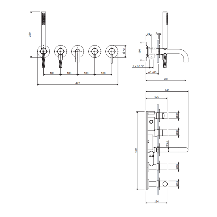 Bateria wannowa 5-otworowa podtynkowa OMNIRES Y biały mat Y1237-1SWM