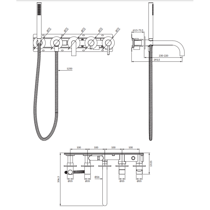 Bateria wannowa Omnires Y 5-otworowa podtynkowa z długą wylewką biały mat Y1237-1WM