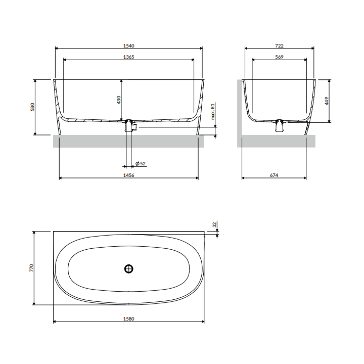 Wanna przyścienna Omnires Valencia Marble+ 158x77cm biały mat VALENCIASWPBM