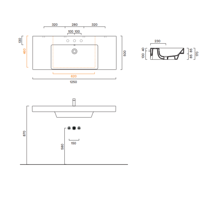 Umywalka Catalano Zero 125x50 cm z otw. na baterię Bianco 1125ZEUPFC00