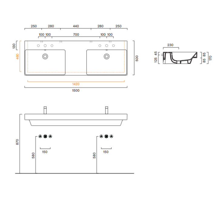 Umywalka Catalano Zero 150x50 cm podwójna z 2 otw. na baterię Bianco 1150ZEDUPFC00