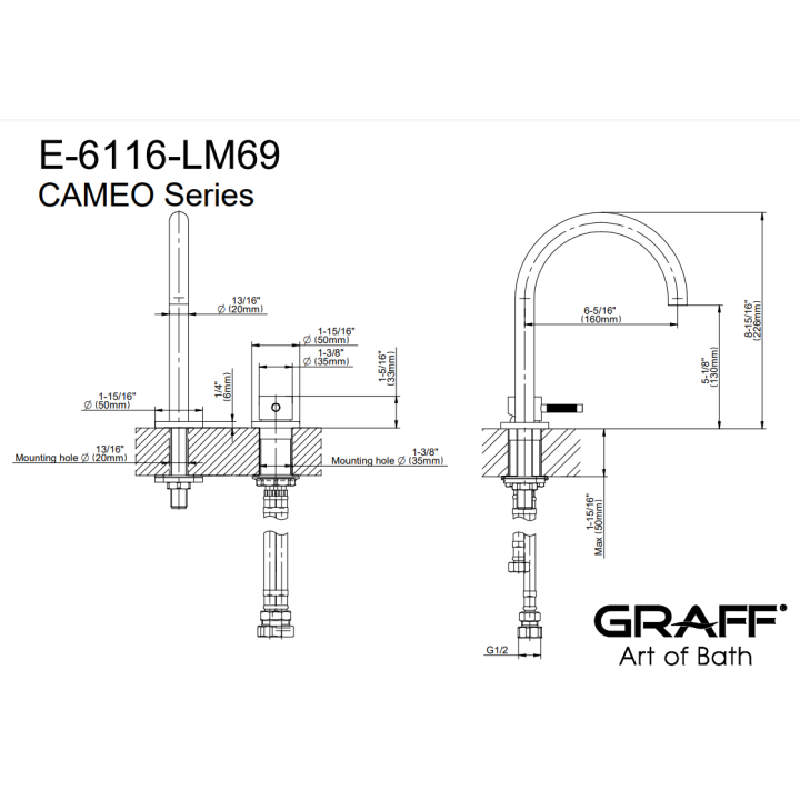 Bateria umywalkowa Graff Cameo dwuotworowa chrom E-6116-LM69